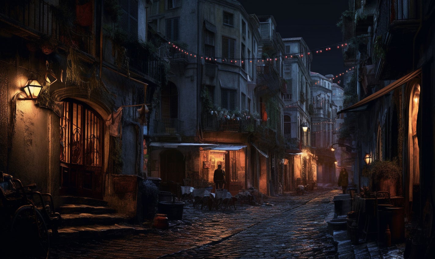 Malerische Stadt in der Dunkelheit mit ein paar Fussgängern und einigen Lichtern
